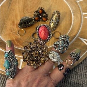15 rings Craft ring lot assorted styles and sizes (1 is fossil: missing stone)